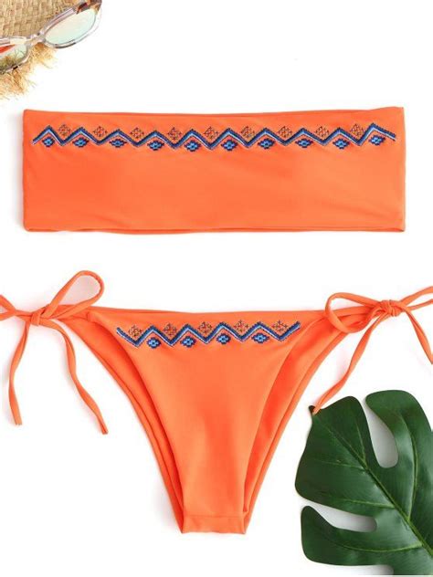 Off Embroidered Bandeau Bikini Set In Fluorescent Orange Zaful