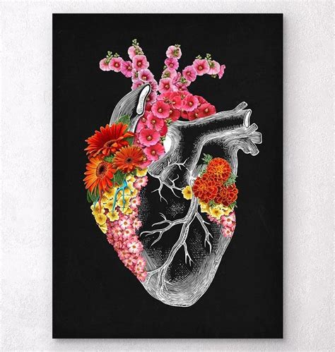 Anatomical Heart With Flowers Ii Heart Art Print Anatomical Heart