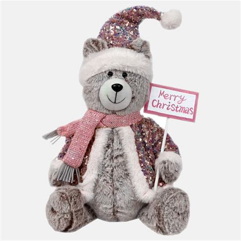 37cm Plush Christmas Teddy Bear With Pink Sequins And Merry Christmas Sign