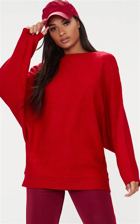 red oversized knitted sweater knitwear prettylittlething uae