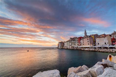 Beautiful Romantic Old Town Of Rovinj With Magical Sunsetistrian