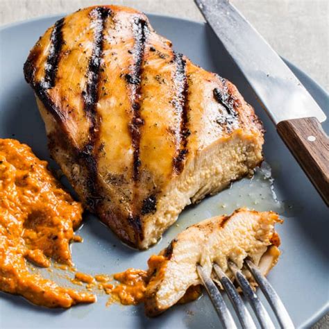 grilled boneless skinless chicken breasts with red pepper almond sauce america s test kitchen