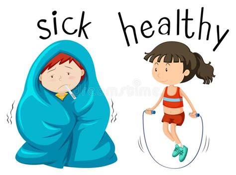 Opposite Wordcard For Word Sick And Healthy Vector Illustration