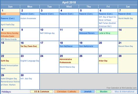 April 2018 Calendar With Holidays Free Download Printable Templates Lab