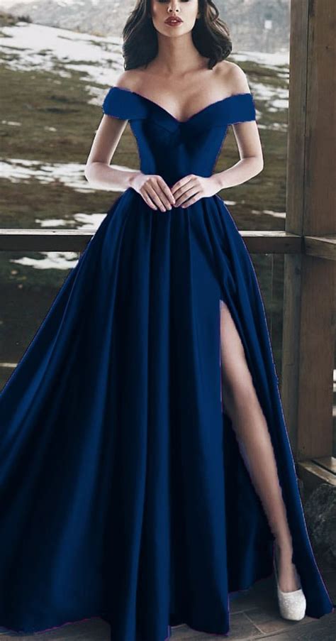Navy Blue Evening Gowns Long Satin Split Prom Dresses In Split Prom Dresses
