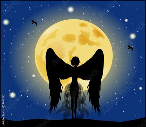 Silhouette Of A Girl Angel On Moon Background Stock Image And Royalty