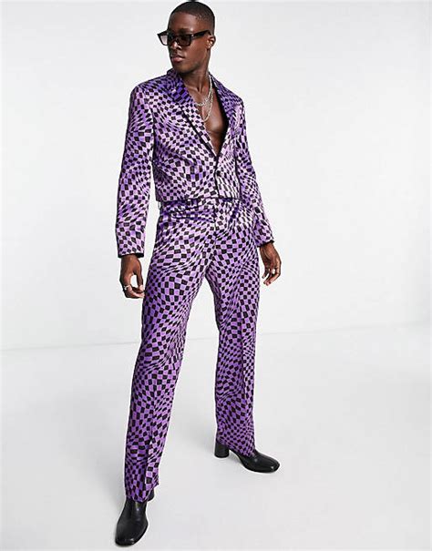 Asos Design Wide Leg Suit In Wavey Checkerboard In Purple Asos