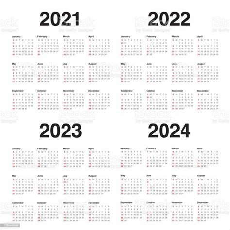 Jahr 2021 2022 2023 2024 Kalender Vektordesignvorlage Stock Vektor Art