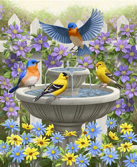 Fountain Festivities Birds And Birdbath Painting