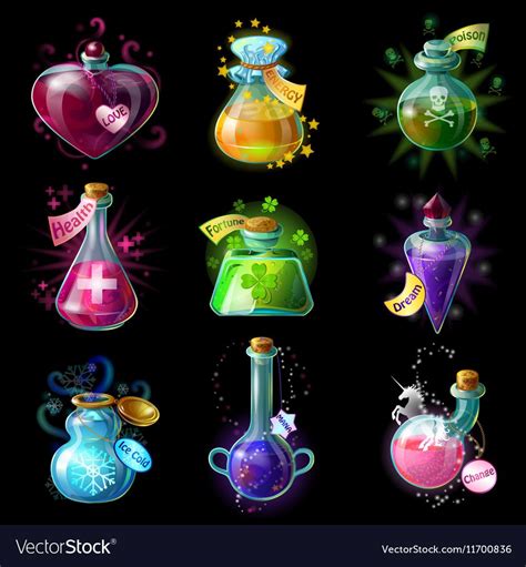Isolated Cartoon Style Magic Potions For Transformations Set With