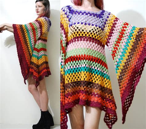 Crochet Dress Vintage Colourful Granny Square Bell Sleeve Mini Etsy