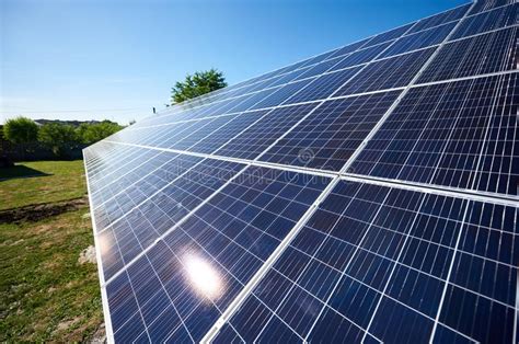 Solar Panels Installed On Outdoors Opened Space Sideview Stock Photo