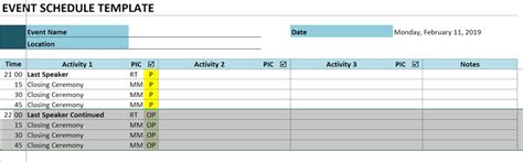 Event Schedule Excel Template