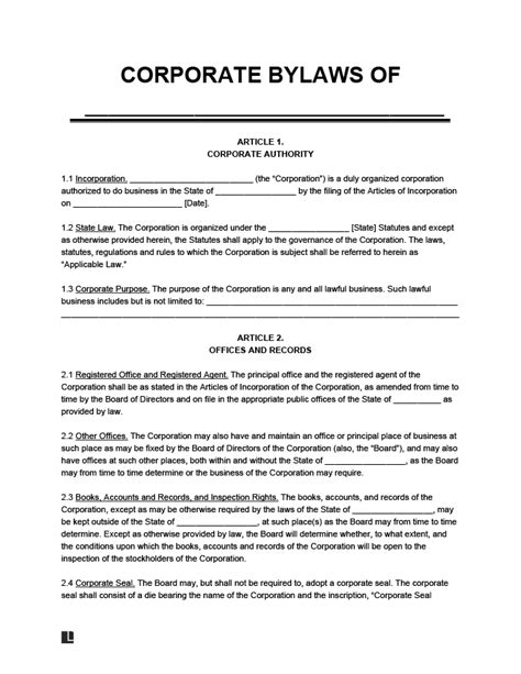 Free Corporate Bylaws Template Download As Pdf And Word