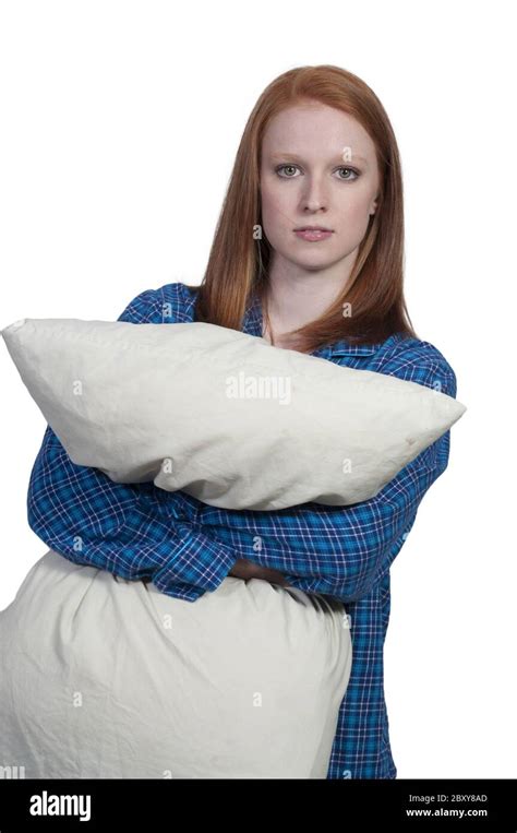 Woman Hugging Pillow Stock Photo Alamy
