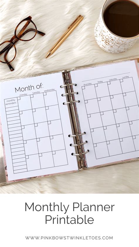 Monthly Calendar Printable Classic Planner Insert Pink Bows