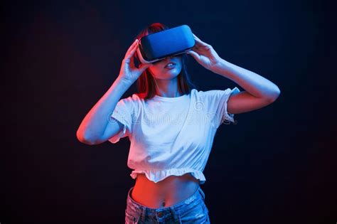 Amazing Modern Technologies Young Woman Using Virtual Reality Glasses