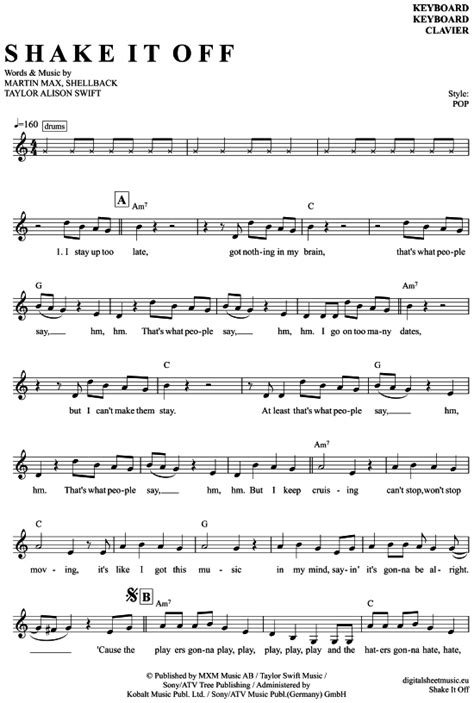 Shake It Off Keyboard Taylor Swift PDF Noten Saxophon noten Noten klavier Querflöte noten
