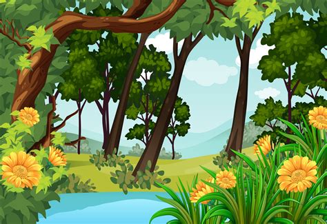 Forest Scene With Trees And Pond 303218 Vector Art At Vecteezy