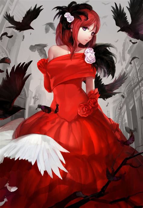 Anime Girl Bird Red Dress Rose Wallpapers Hd
