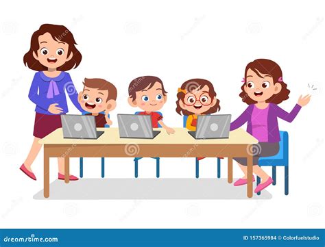 Kids Learning Computer With Teacher Stock Illustration Illustration