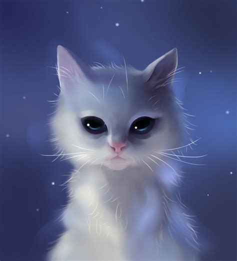 A White Cat Sitting On Top Of A Table Next To A Blue Background With Stars