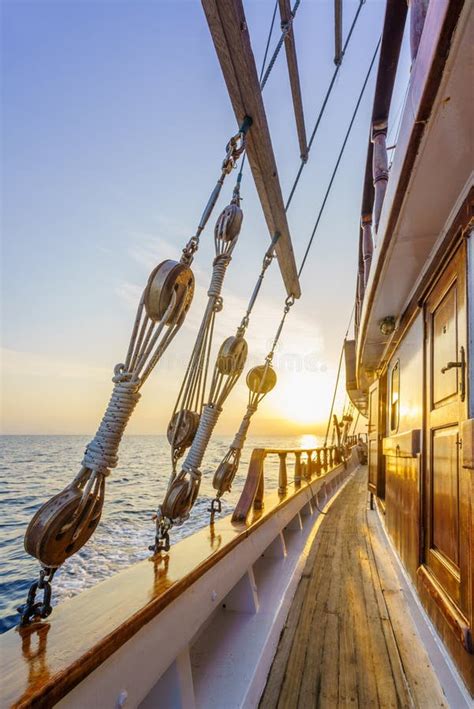 Sunset At The Sailboat Deck While Cruising Stock Image Image Of