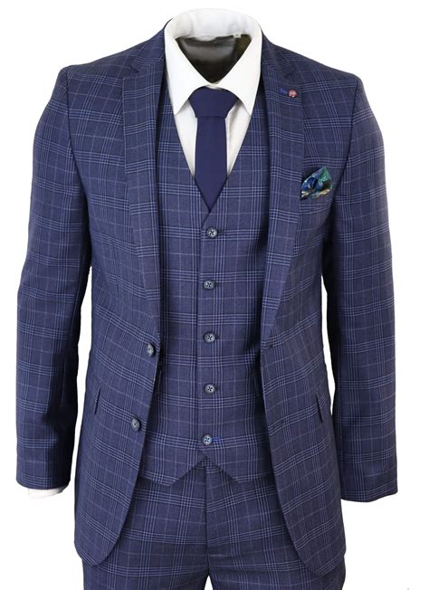 Mens Navy Blue Check 3 Piece Slim Fit Suit Buy Online Happy Gentleman