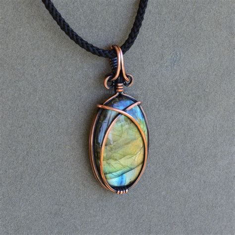 Simple Wire Wrapped Labradorite And Antiqued Copper Necklace Pendant