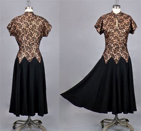 vintage 1940s swing dress 40s dress black silk and lace illusion cocktail party dress small