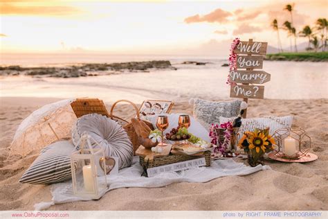 proposing at the romantic sunset beach picnic in oahu hawaii waikiki honolulu