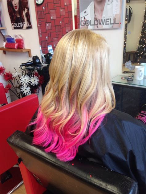 Blonde Hair With A Pink Ombré On The Length Finished With Curls Pink