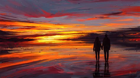 2560x1440 Couple At Sunset Illustration 1440p Resolution Wallpaper Hd