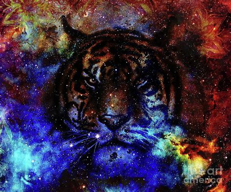 Gentle Portrait Tiger Computer Collage Color Abstract Background