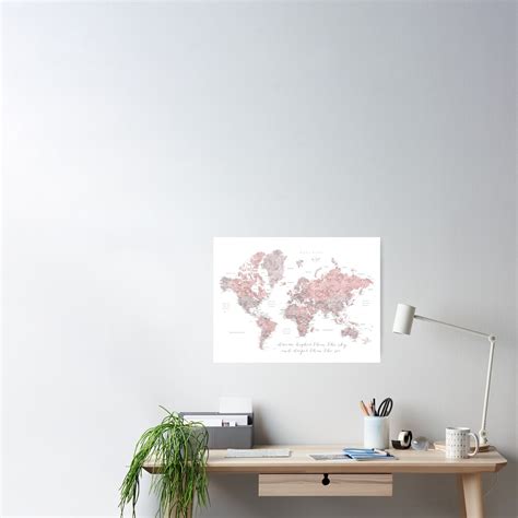 Inspirational Watercolor World Map With Cities In Dusty Pink And Grey