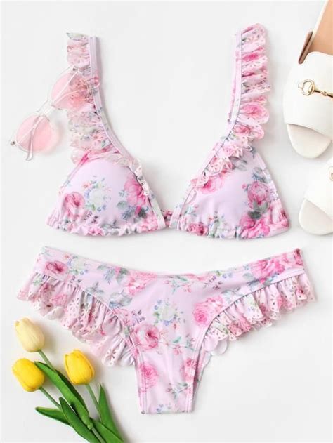 Flower Print Ruffle Bikini Set Shein Sheinside Bikinis Ruffled Bikini Cute Swimsuits