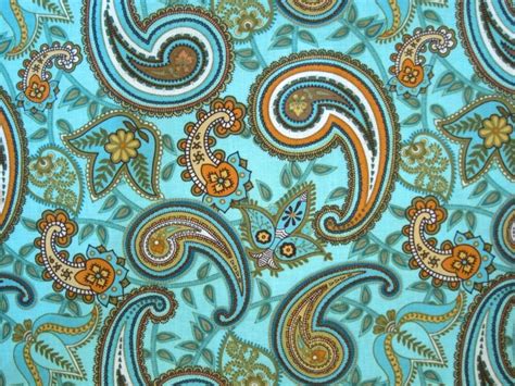 hippie vintage mod paisley print cotton fabric bright aqua blue