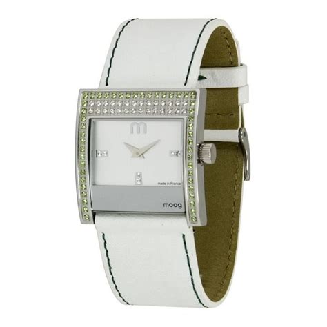 montre femme moog paris champs elysées avec cadran blanc eléments swarovski bracelet blanc en