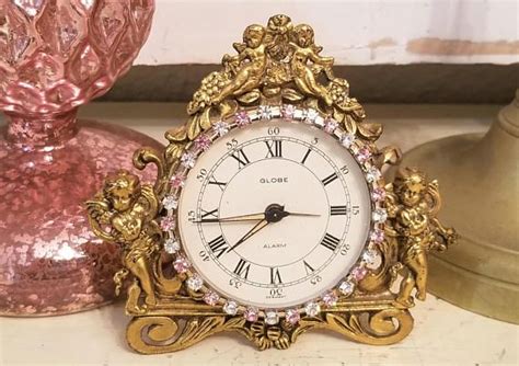 Pink And Clear Rhinestone Vintage Cherub Angel Clock Brass Etsy