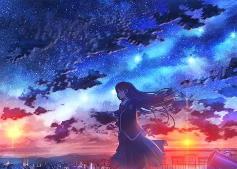 Wallpaper Anime School Girl Sunset Clouds Anime