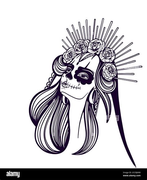 Dia De Los Muertos Girl With Makeup Sugar Skull With Rose Flowers