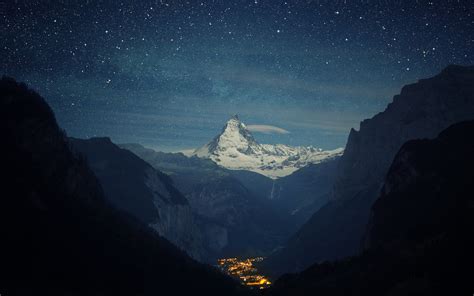 Mountain Sky Stars Lights Valley Snow Landscape Switzerland
