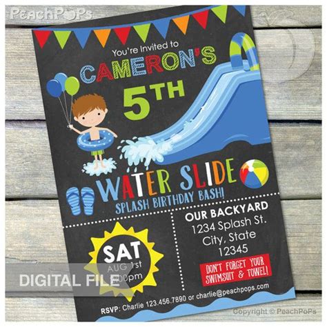 Water Slide Birthday Party Bash Invitation Chalkboard Boy Waterslide