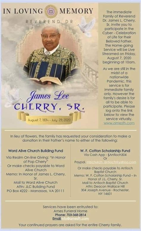 In Memorium Pastor James L Cherry Sr Aenon Missionary Baptist Church