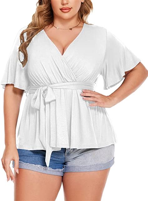 Womens Plus Size Wrap Tops Short Sleeve V Neck Blouse Wf Shopping