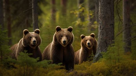 Three Brown Bears Walking Through A Forest Background Picture Of Bears