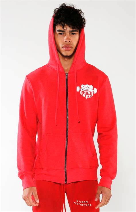 Mens Red Gym Crest Hoodie Golden Aesthetics