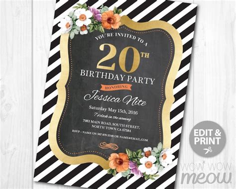 20th Birthday Invitation Stripe Elegant Gold Dinner Party Etsy