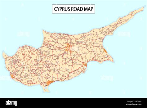 Detailed Road Map Of Cyprus Island With Cities And Settlements Stock