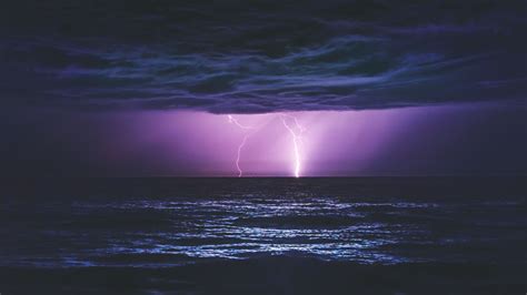Thunder Sea Night Lightning Clouds Ocean View Light Purple Sky 4k Hd